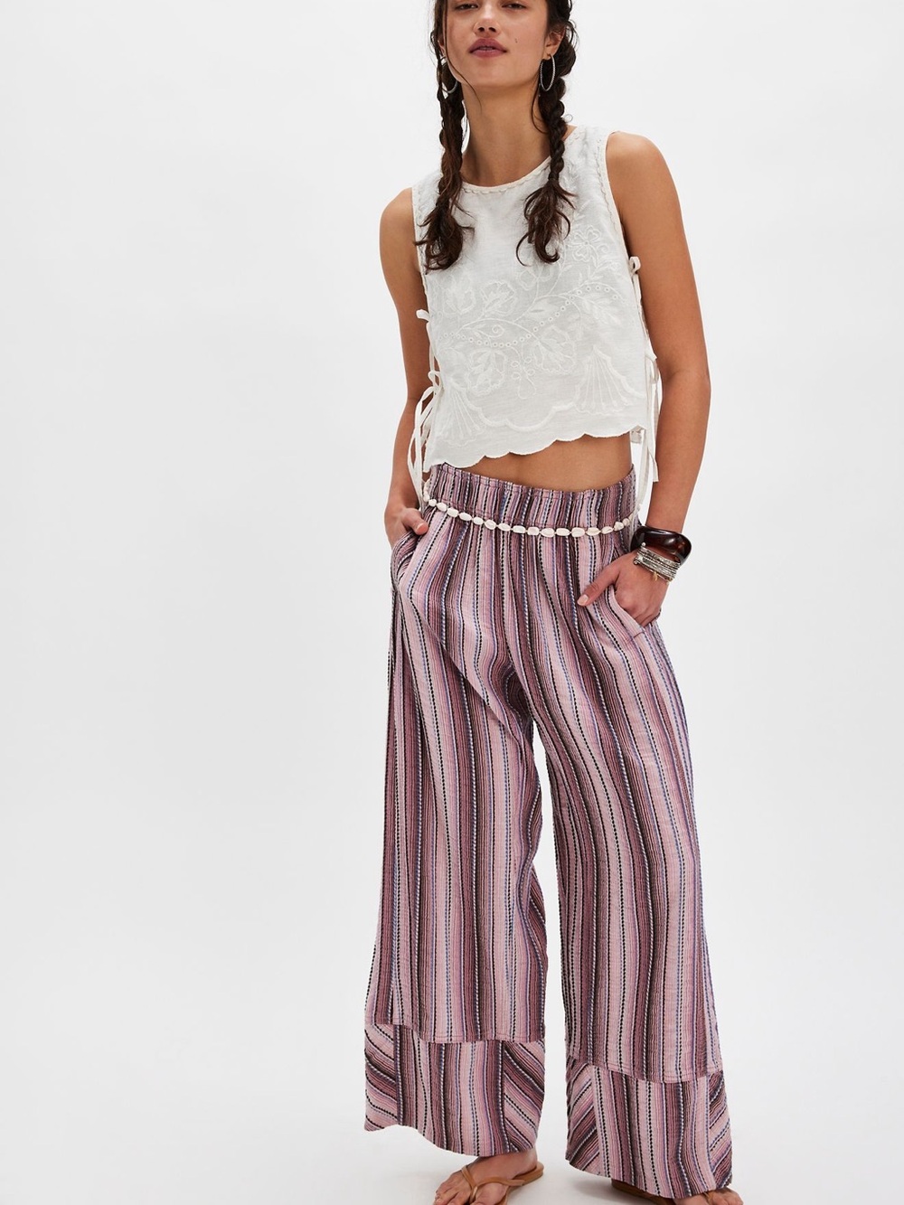Free People Days End Striped Wide-Leg Pants in mauve combo